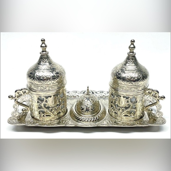 OTTOMAN Turkish coffee/tea set-Silver metal - classic/elegant- gift/home decor - Picture 1 of 9